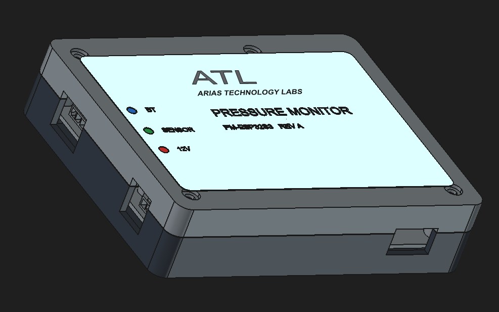 CAD view of the enclosure at an angle, showing the lid, status LEDs and cable openings on the side.