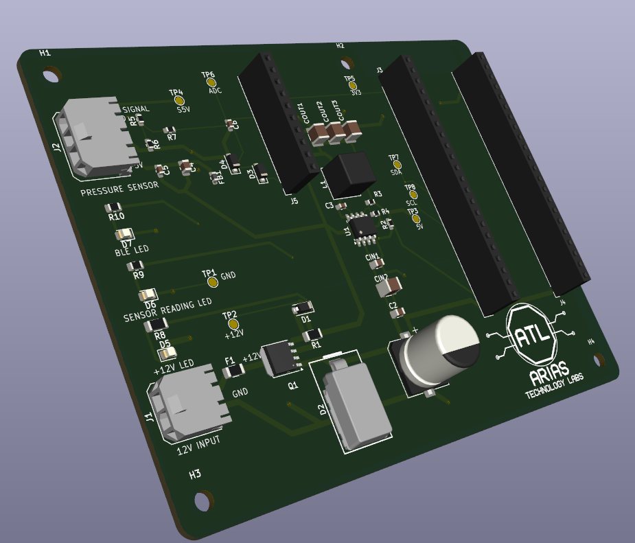 KiCad 3D render of the pressure monitor board at an angle, showing the ESP32-S3 sockets, the ADC socket, the buck converter and the 12 V and sensor connectors.